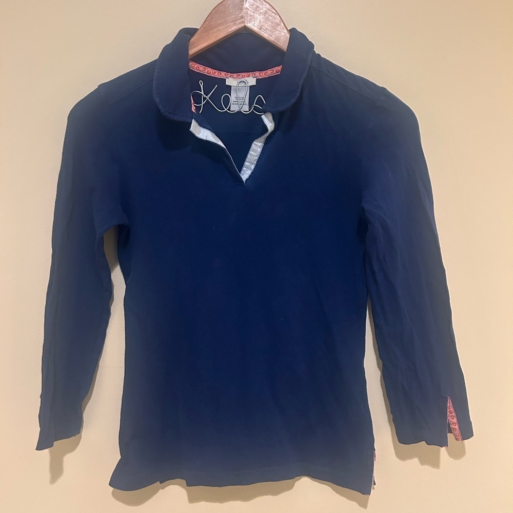 Anthropologie Odille Women’s Navy Blue Cropped Sleeve Shirt Size Small
